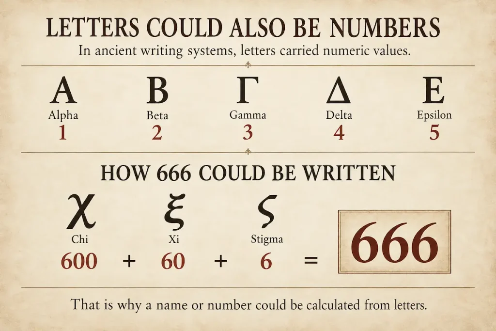 Greek letters paired with numerical values illustrating how ancient names could be calculated