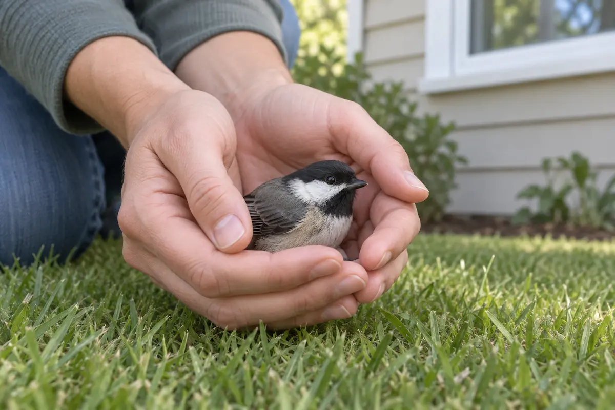 Two hands gently cupping a small stunned songbird from behind on the grass below a window