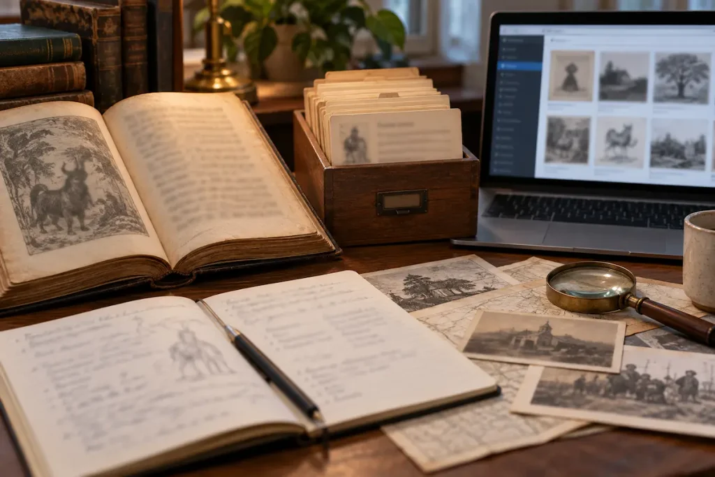 Old books, archive cards, and a digital collection representing comparison of hiccup folklore sources
