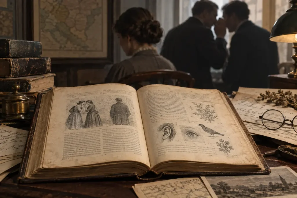 Old folklore reference book beside a symbolic scene of people speaking behind someone’s back