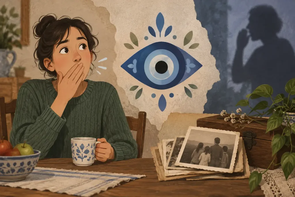 Conceptual illustration linking negative hiccup folklore with an abstract evil-eye motif