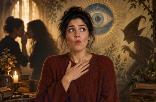 Person hiccuping with symbolic gossip, elf, and evil-eye folklore imagery