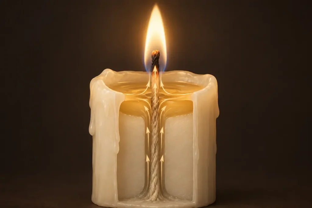 Diagram of a candle showing liquid wax drawn up the wick into the flame