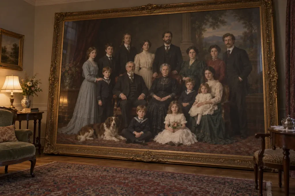 Large family group portrait fallen and leaning against a parlor wall