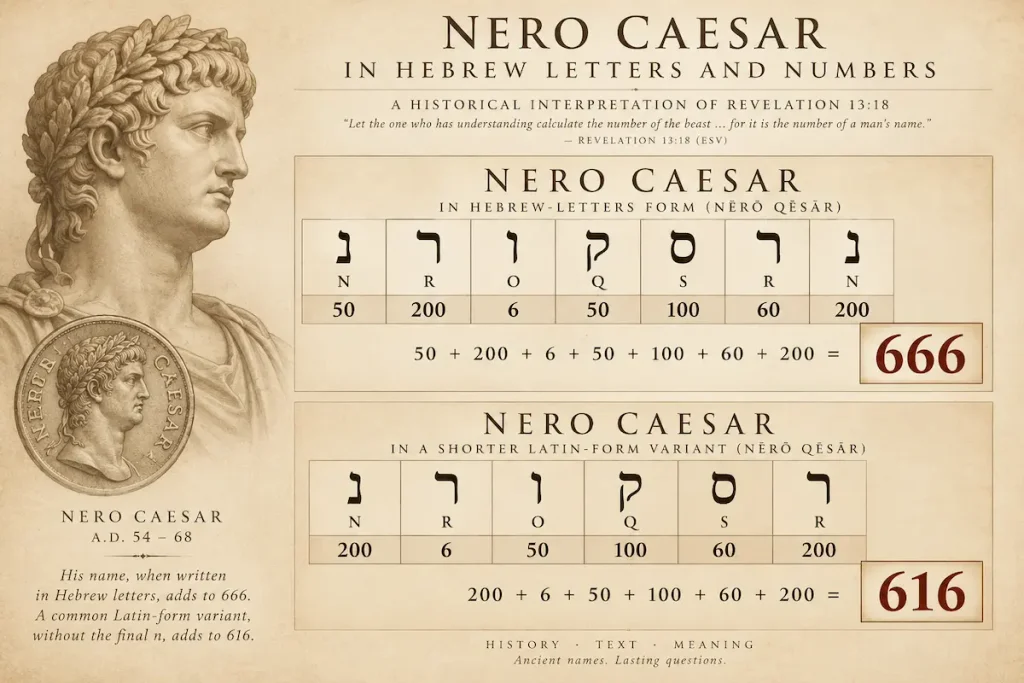 Nero Caesar letter values illustrated as calculations connected with 666 and the 616 variant