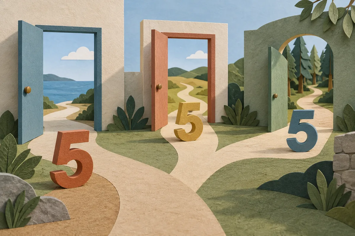 Three numeral fives beside different open paths