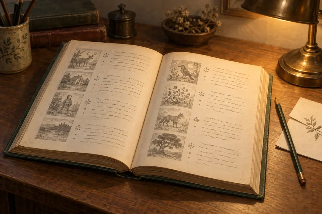 Open early twentieth century folklore book under a desk lamp