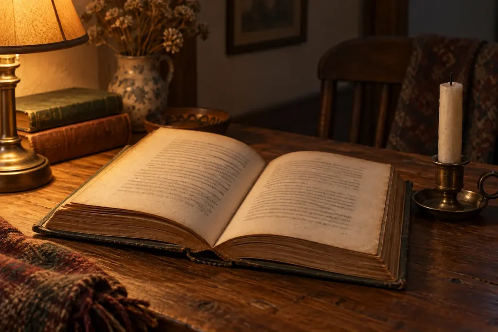 An early twentieth-century book lying open on a table beside an unlit candle in warm lamplight