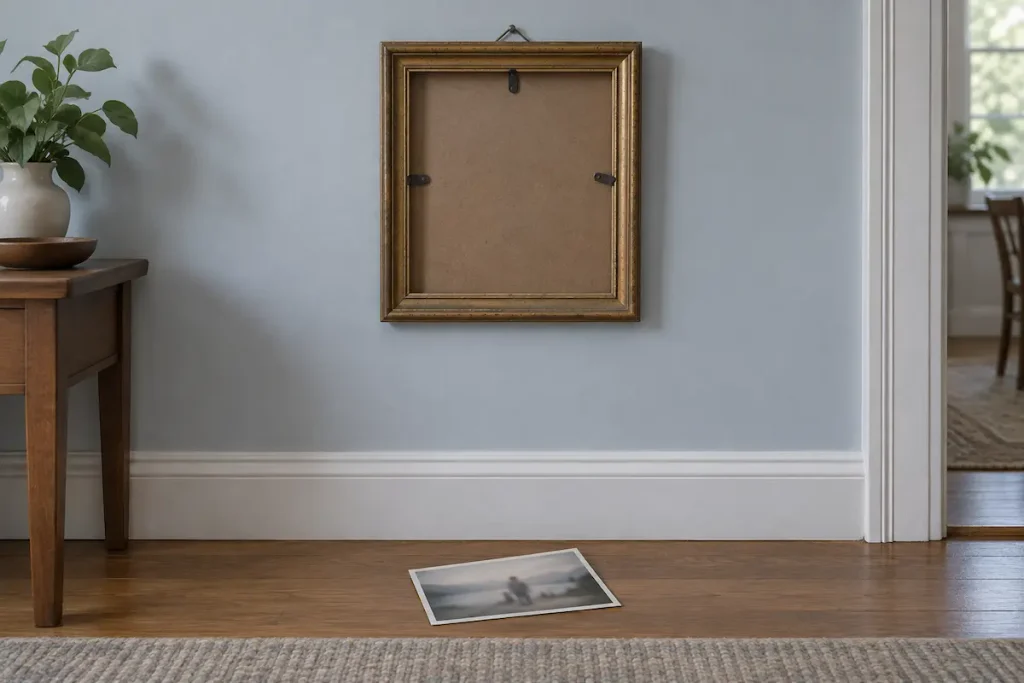 Photograph on the floor below an empty frame still hanging on the wall