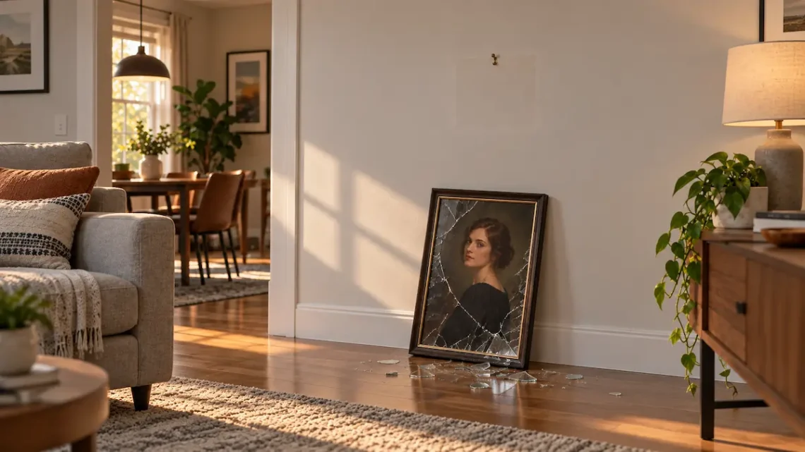 Framed portrait slipping off a living room wall toward the floor