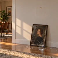 Framed portrait slipping off a living room wall toward the floor