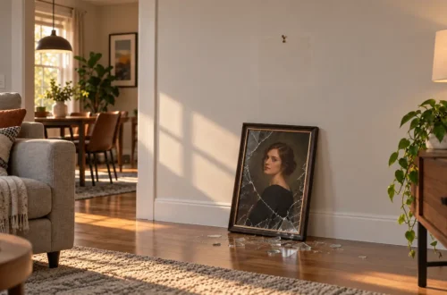 Framed portrait slipping off a living room wall toward the floor
