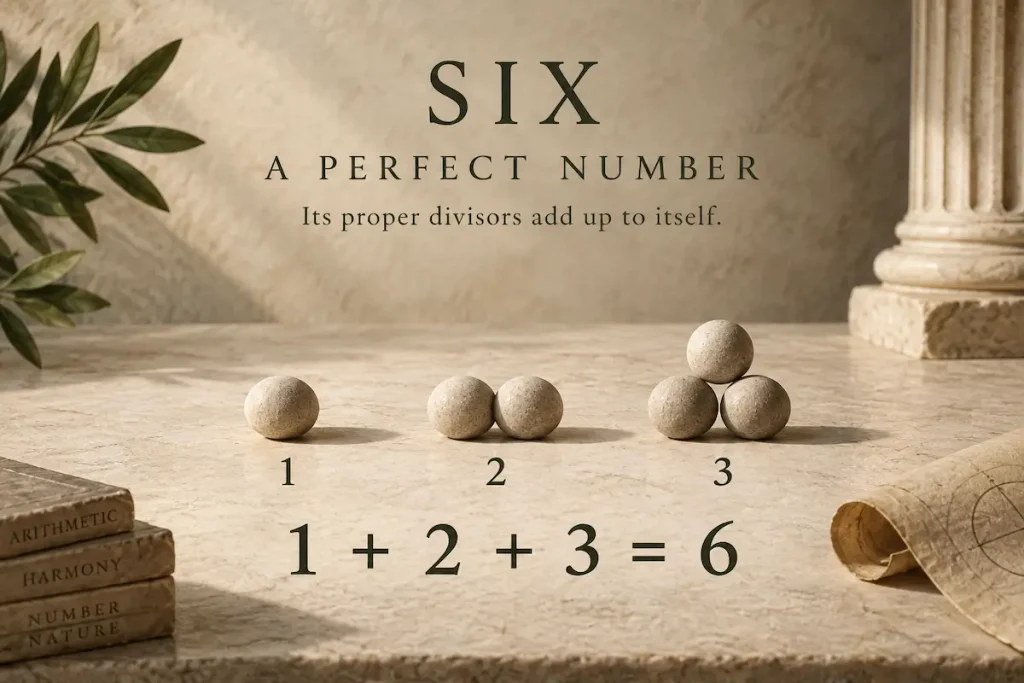 Six illustrated as a perfect number with the equation 1 plus 2 plus 3 equals 6
