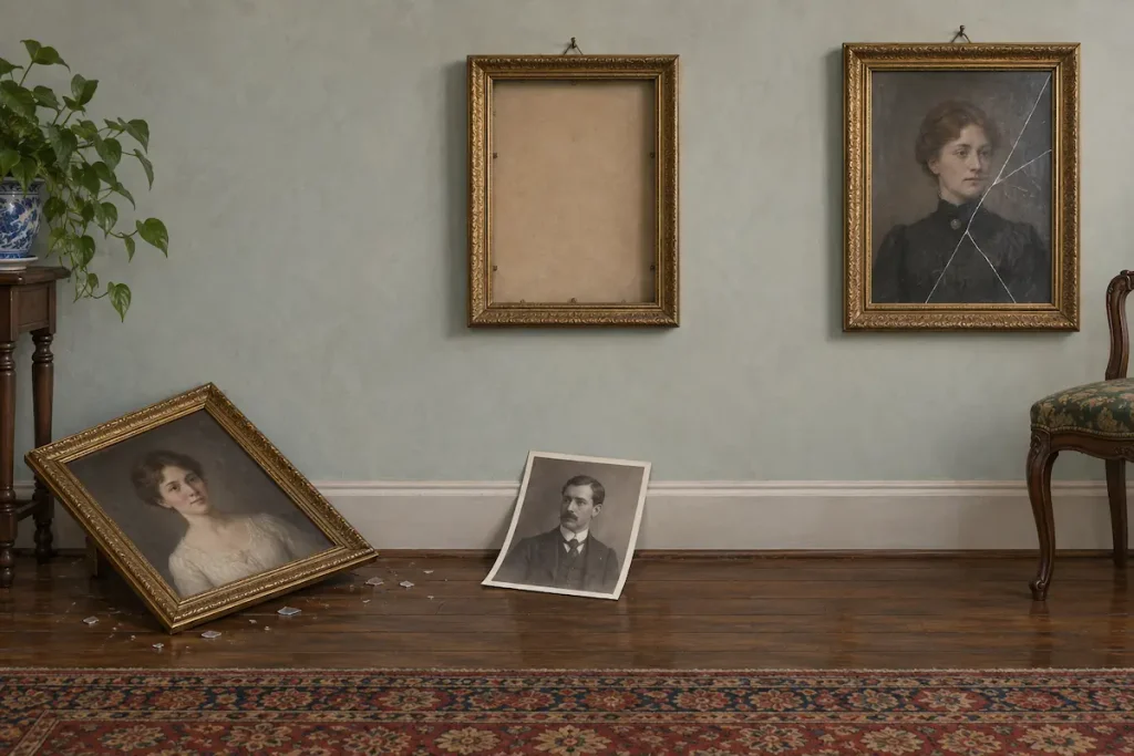 Fallen frame, photograph out of its frame, and cracked frame glass shown side by side