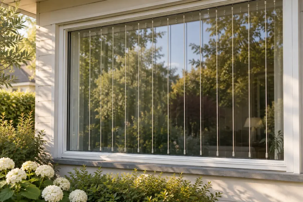 Thin vertical cords hanging evenly spaced in front of a house window that reflects garden trees