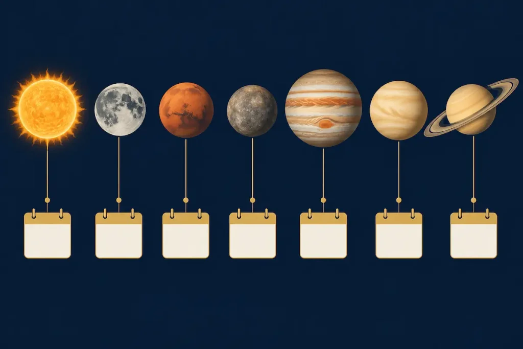 Diagram linking seven celestial bodies, from the Sun and Moon to Saturn, to seven calendar days