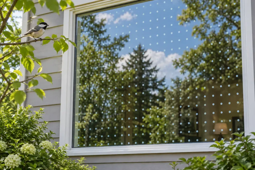 House window covered with a uniform grid of small white dots on the outside of the glass