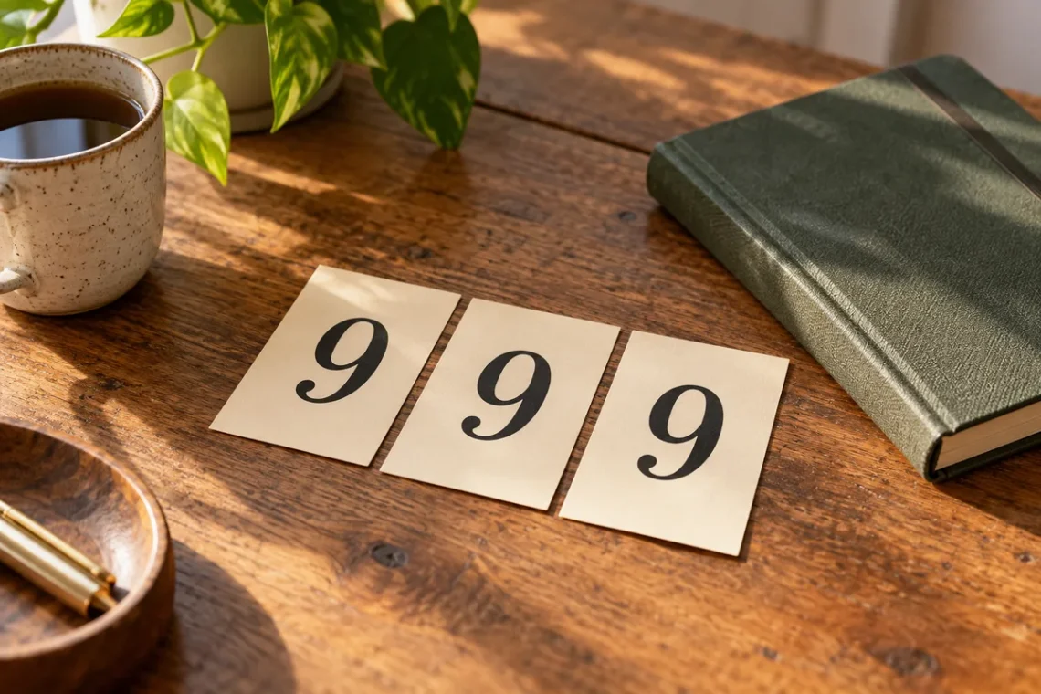 Three paper cards displaying 999 beside a notebook, an editorial illustration of 999 angel number meaning.
