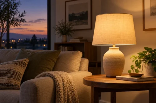 AI-generated illustration of a table lamp glowing in a quiet room at dusk