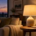 AI-generated illustration of a table lamp glowing in a quiet room at dusk