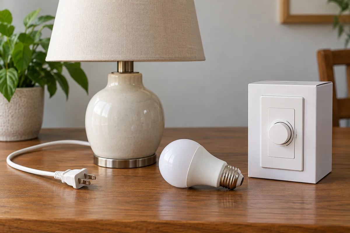 Unplugged lamp, LED bulb, and dimmer switch shown alongside discussion of flickering lights spiritual meaning.