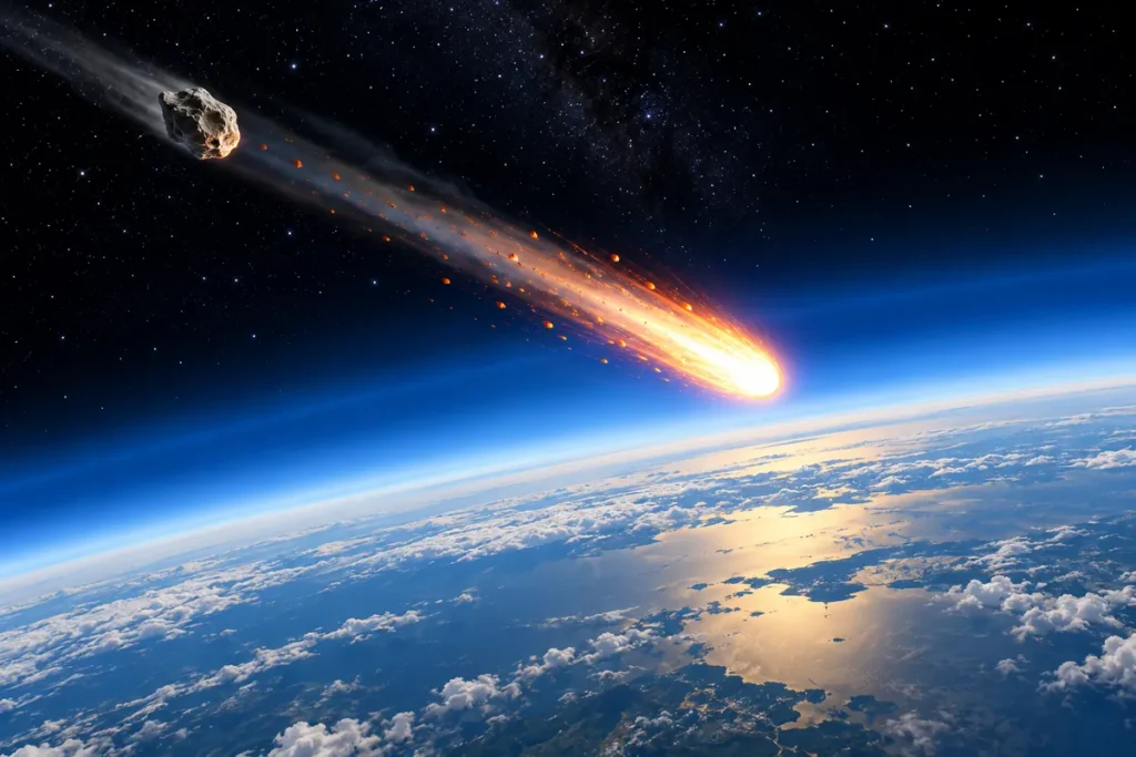 Illustration of a meteoroid entering Earth's atmosphere and producing a bright meteor.