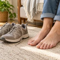 Which Foot Is Itching? Folklore Sends Each One on a Different Journey AI-generated illustration of adult feet on a rug beside walking shoes