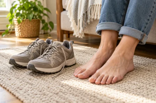 AI-generated illustration of adult feet on a rug beside walking shoes