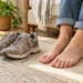 AI-generated illustration of adult feet on a rug beside walking shoes