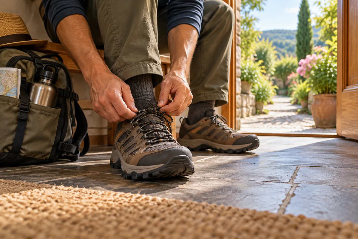 A traveler tying walking shoes at a doorway, illustrating the travel theme of itchy feet superstition.