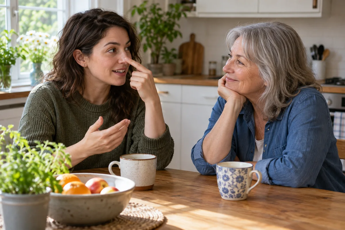 Two adults discussing an itchy nose superstition, with one touching the side of her nose.