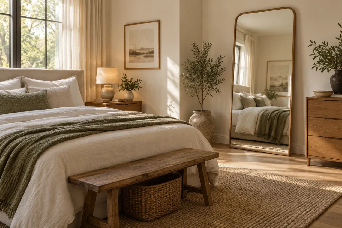 AI-generated illustration of a bedroom with an intact mirror reflecting the bed