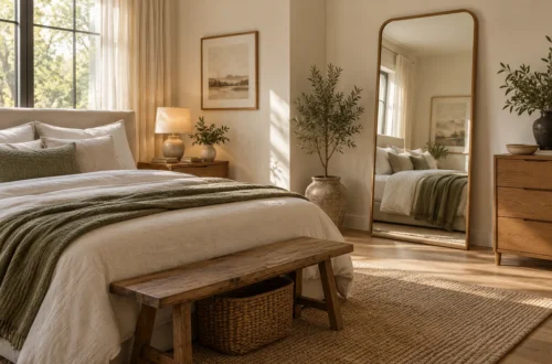 AI-generated illustration of a bedroom with an intact mirror reflecting the bed