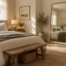 AI-generated illustration of a bedroom with an intact mirror reflecting the bed