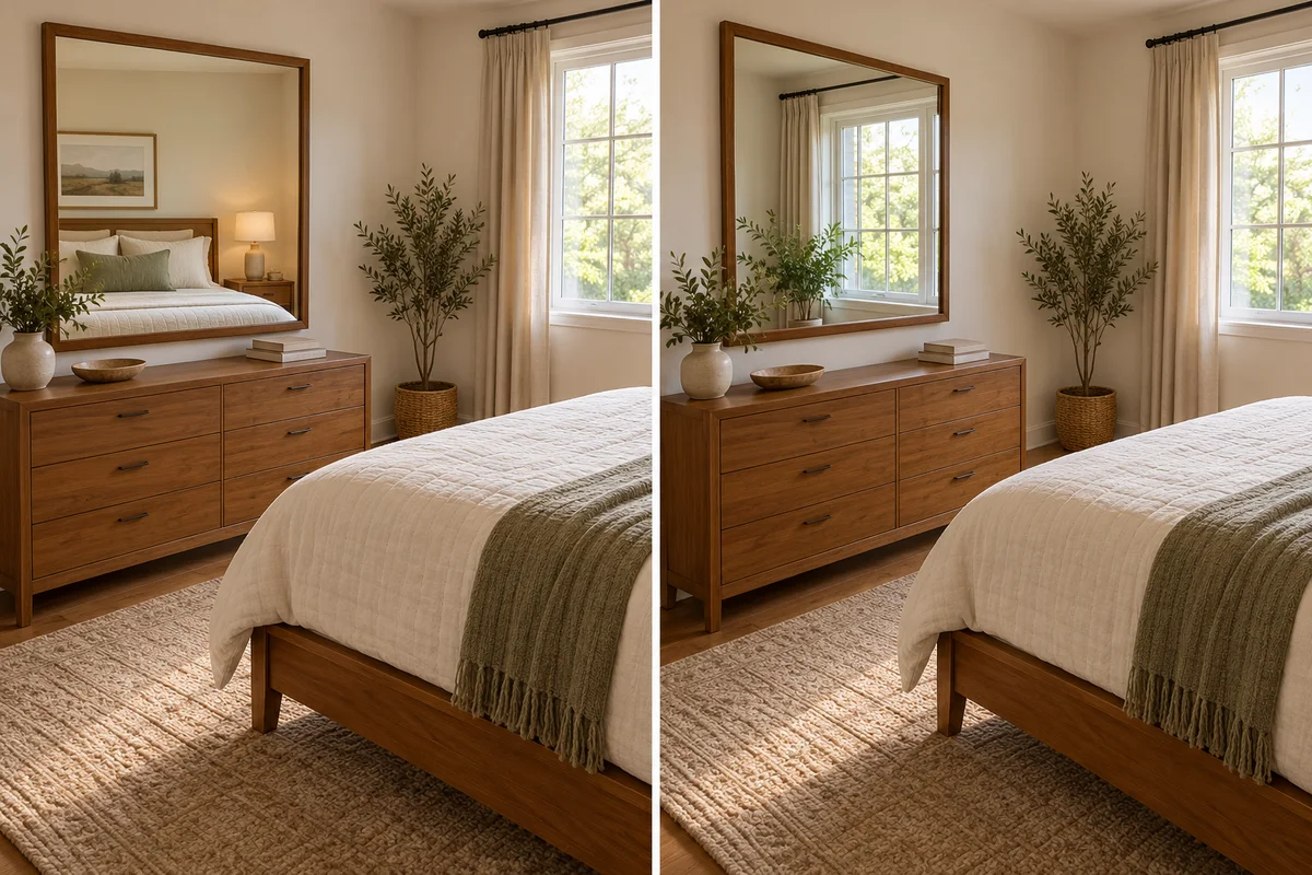 Two bedroom layouts illustrating mirror facing bed meaning: one mirror reflects the bed and another reflects a window.
