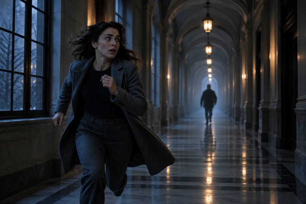 Person running through a shadowy corridor with a distant pursuing figure.