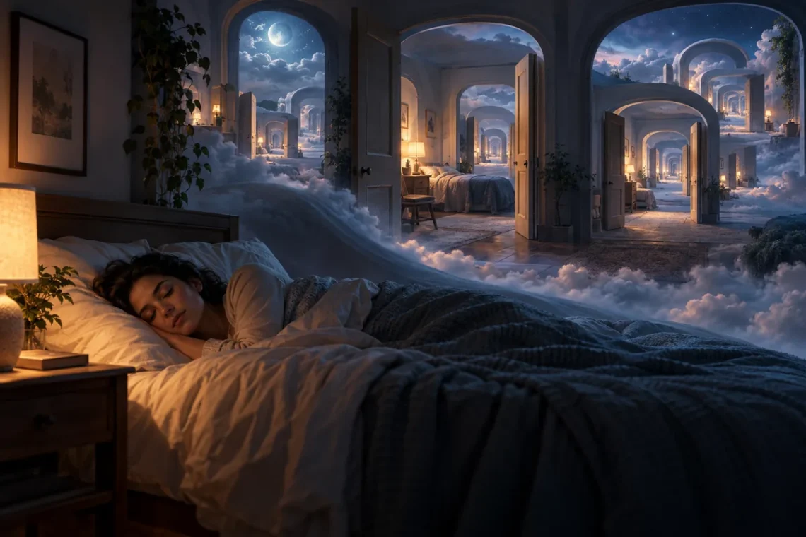 Sleeping person beneath a surreal scene of repeating rooms and doorways.
