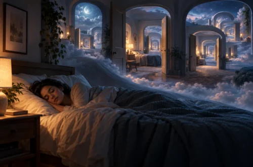 Sleeping person beneath a surreal scene of repeating rooms and doorways.