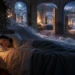 Sleeping person beneath a surreal scene of repeating rooms and doorways.