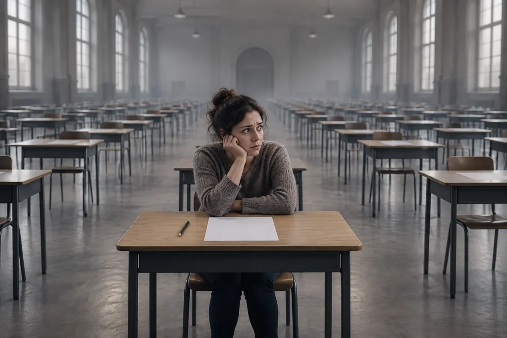 Student sitting alone with an examination paper in a surreal classroom.