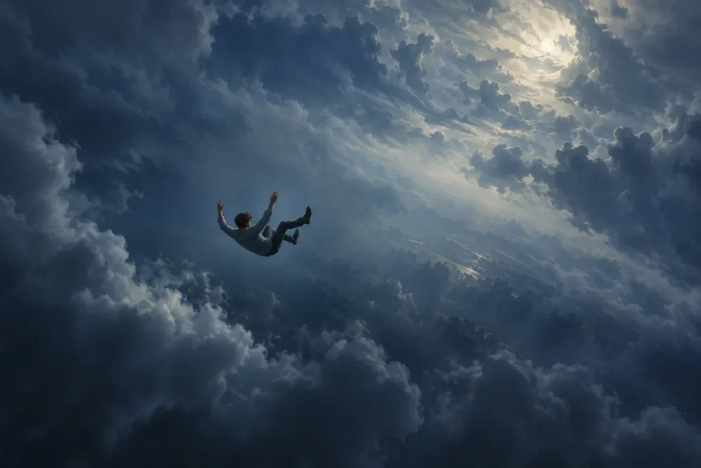 Dreamlike human figure falling through a wide dark sky.
