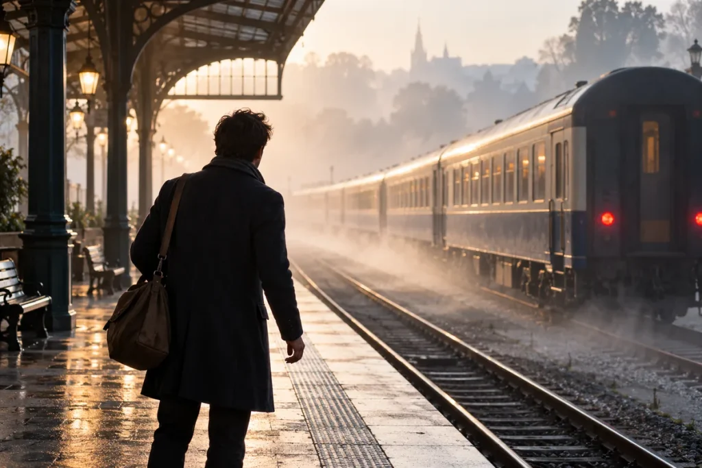 Person arriving at a misty railway platform as a train departs.