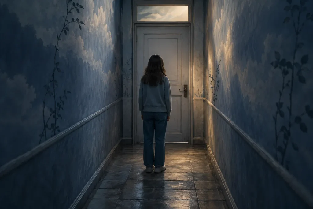 Young dreamlike figure facing a locked door in a narrow passage.