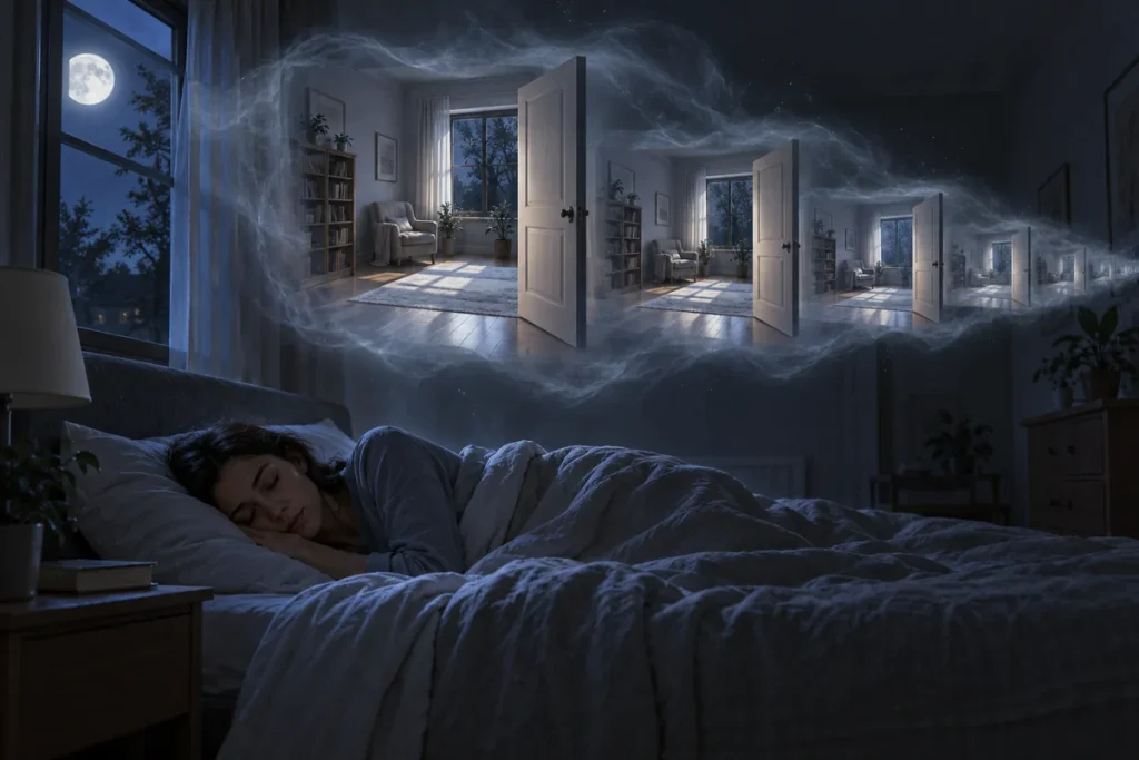 A sleeping adult beneath repeated doorways representing recurring dreams.