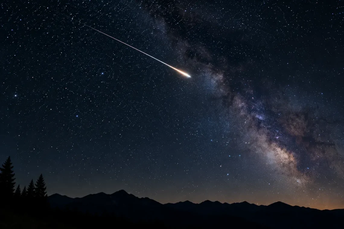 A bright shooting star crossing the Milky Way above a dark mountain landscape.
