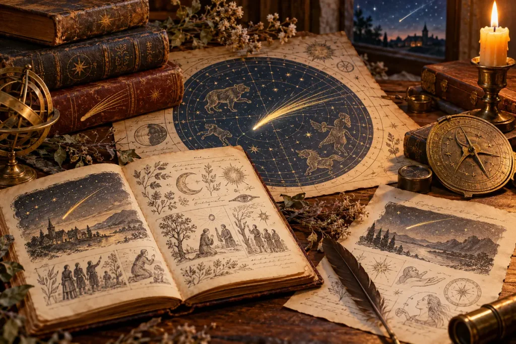 Illustrated historical folklore notes beside a celestial chart.