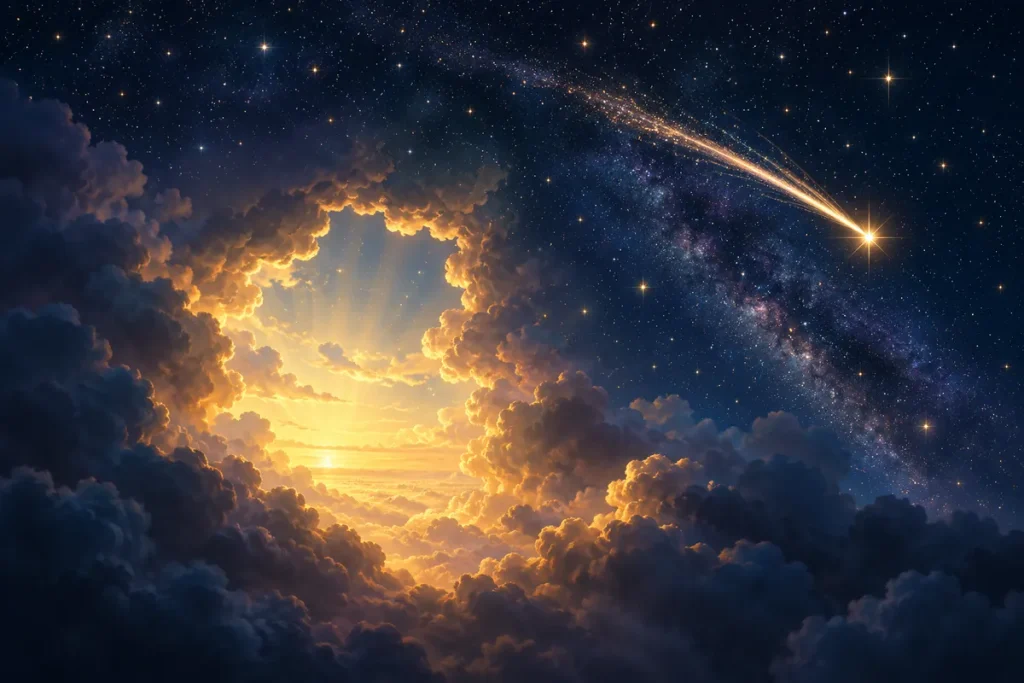 Illustration representing shooting star meaning in folklore, with a meteor near a glowing opening in the night sky.