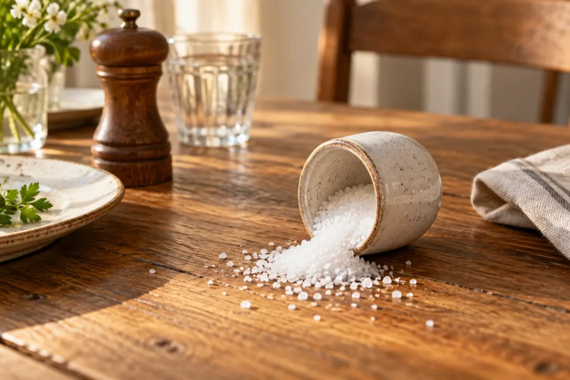 AI-generated illustration of a tipped salt cellar spilling salt onto a wooden table