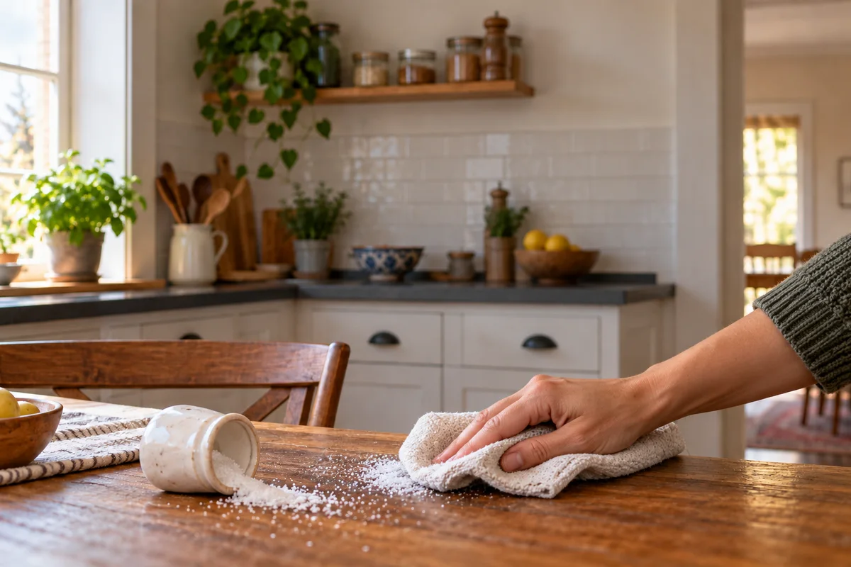 A hand wiping up spilled salt beside a tipped salt cellar, illustrating a practical response to spilled salt superstition.